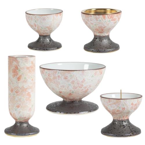サンメニー 和 モダン 仏具 5点セット 本格 有田焼 日本製 インテリアに馴染む おしゃれ お花 ろうそく 線香 お茶 ご飯 現代仏壇 お仏壇 仏具小物 彩花 雅桜ピンク フ・