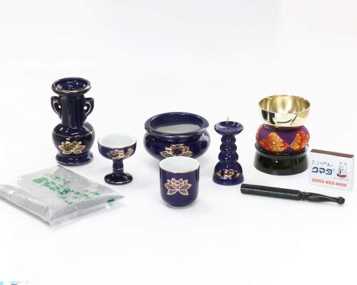 仏具セット 瑠璃色 金蓮 ルリ 陶器 5点+おりんセット 香炉灰・マッチ付 モダンミニ仏壇用_1