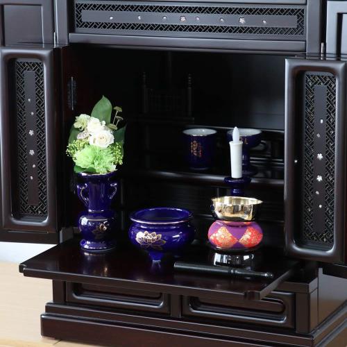 仏具セット 瑠璃色 金蓮 ルリ 陶器 5点+おりんセット 香炉灰・マッチ付 モダンミニ仏壇用_5
