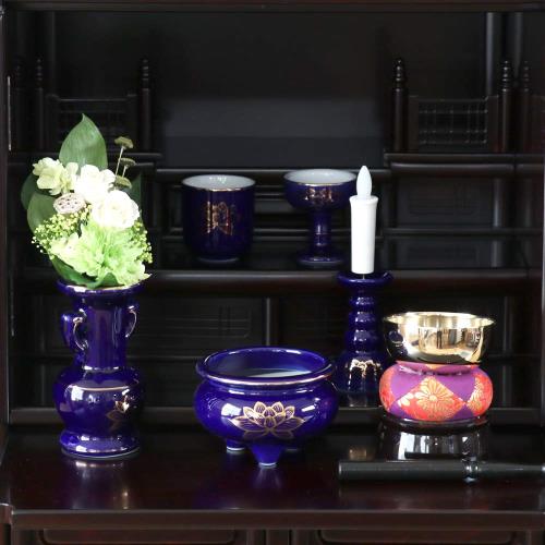 仏具セット 瑠璃色 金蓮 ルリ 陶器 5点+おりんセット 香炉灰・マッチ付 モダンミニ仏壇用_6