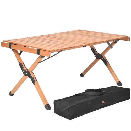 Anlik ロールトップテーブル 天然木 簡単組立 オシャレ キャンプ 収納バッグ付 (90cmX60cmX45cm)