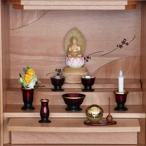 仏具6点+おりんセット 銀河 ワインレッド 2.5寸 + たまゆらりん 1.8寸 金 (りん台：紫檀×りん棒：花梨)GW2-T18G