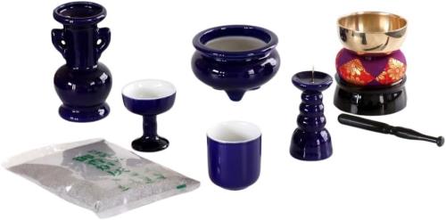 仏具セット 瑠璃色 無地 ルリ 陶器 5点+おりんセット 香炉灰付 モダンミニ仏壇用_1