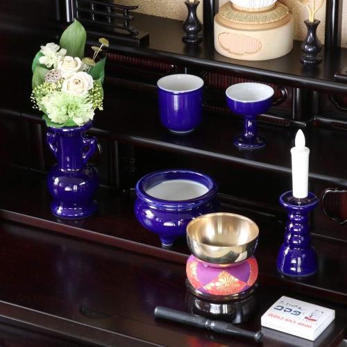 仏具セット 瑠璃色 無地 ルリ 陶器 5点+おりんセット 香炉灰付 モダンミニ仏壇用_4