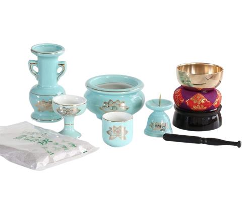 仏具セット 青磁 金蓮 陶器 5点+おりんセット 香炉灰付き モダンミニ仏壇用_1