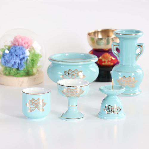 仏具セット 青磁 金蓮 陶器 5点+おりんセット 香炉灰付き モダンミニ仏壇用_4