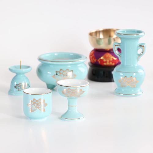 仏具セット 青磁 金蓮 陶器 5点+おりんセット 香炉灰付き モダンミニ仏壇用_7