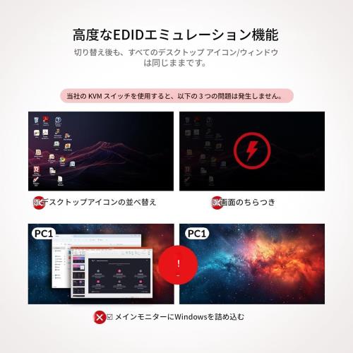 AV Access KVMスイッチ 2入力2出力モ ニター2 台、コンピューター2 台、USB4 個、EDID、ホットキースイッチ、独立したPCコントロール、4K@60Hz HDMIデュアルモニター、1 台または2 台のPCを同時に表示、Dell HP Shareシングルキーボードマウス用