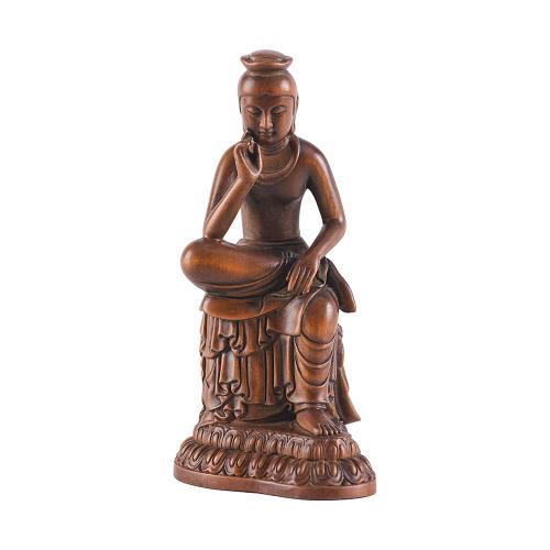 繁樓藝雕 仏像 弥勒菩薩 半跏思惟像 木彫り 仏壇仏像 置物 桧木製 古美色（高さ12cm×巾5.5cm×奥行7cm） (古美色)