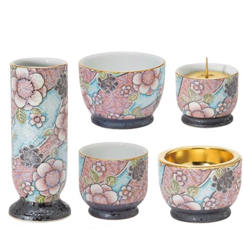 サンメニー 和 モダン 仏具 5点セット 本格 有田焼 日本製 インテリアに馴染む おしゃれ お花 ろうそく 線香 お茶 ご飯 現代仏壇 お仏壇 仏具小物 庵 紅染 フラワース・