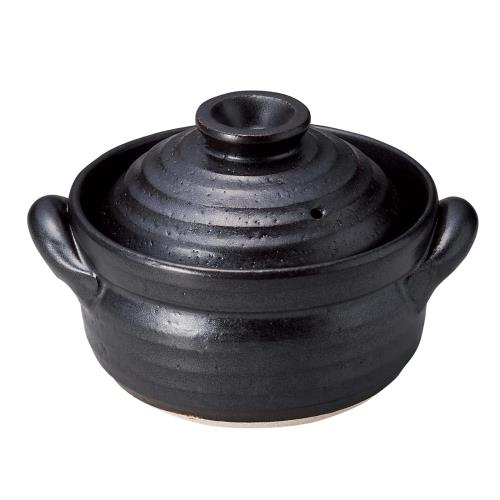 三陶(Santo) 萬古焼 雑炊鍋 約16cm 直火 OK 黒釉 黒 日本製 18390