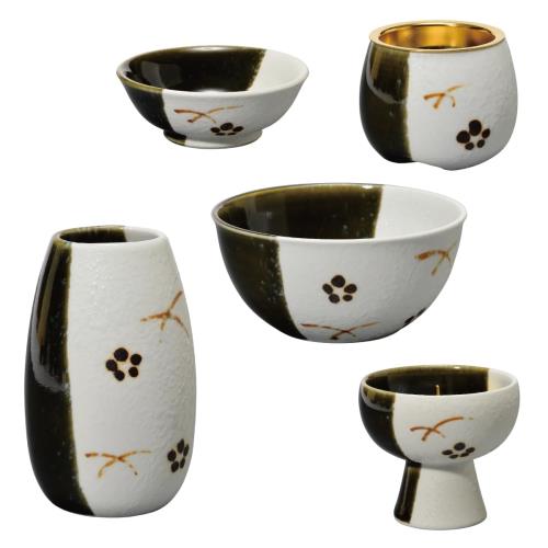 サンメニー 和 モダン 仏具 5点セット 本格 国産 陶磁器 日本製 インテリアに馴染む おしゃれ お花 ろうそく 線香 お茶 ご飯 現代仏壇 お仏壇 仏具小物 古都 緑釉 梅 ・