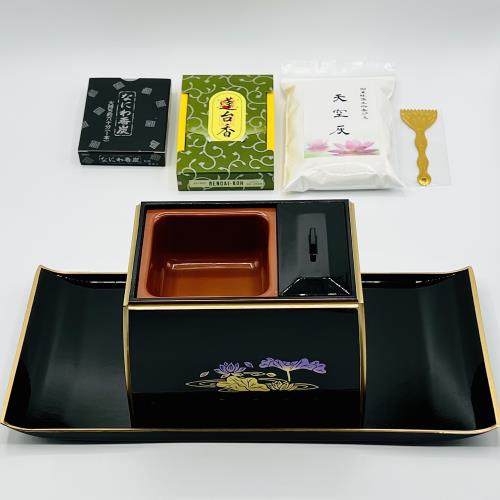 お焼香 セレクト6点セット 黒（フチ金） 5寸 山中塗り香炉・焼香盆・お香・香炭・灰・灰ならし 国産 日本製