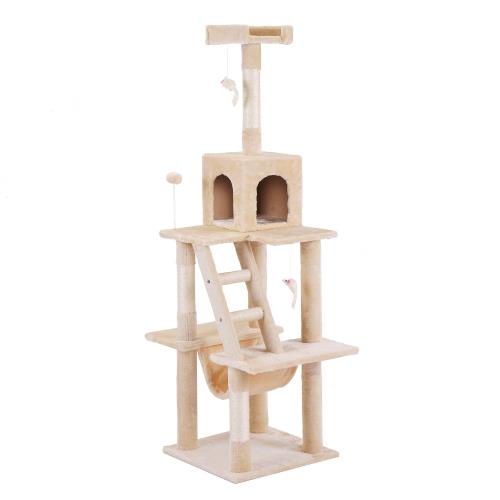 OSJ(オーエスジェイ) キャットタワー 据え置き シニア 省スペース 全高155cm 麻紐 おしゃれ ネズミおもちゃ2本付き ボンボンおもちゃ付き 爪とぎ 猫タワー ペット用品 おしゃれ 可愛い 運動不足解消 ストレス解消 組み立て簡単