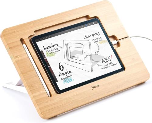 ELEKOOCON竹製木製ipad 絵描きスタンド、鉛筆と充電ケーブルスロット付き、多角度調整可能タブレットデスクトップ折り畳み式携帯用ipad 置き台、iPad Pro12.9インチ 第3/4/5世代に対応