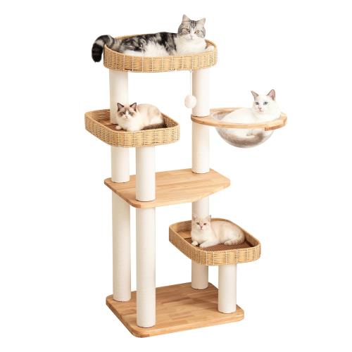 PETTIFUL キャットタワー 木製 天然木使用 大型 据え置き 高さ122cm 大型猫 おしゃれ ラバーウッド 手編みカゴ 省スペース インテリア性 多頭飼い 涼しいゴザ付 ふわふわクッション付 スリム 夏冬兼用 見晴台付き 猫タワー 宇宙船 クリアボウル 登りやすい シニア猫 中型猫 爪