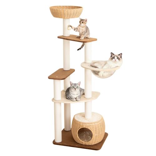 PETTIFUL キャットタワー 木製に生地張り 大型 据え置き 大型猫 おしゃれ 高さ161cm オランダベルベット 手編みカゴ ラタン 壁際ぴったり コーナー コンパクト 成猫 省スペース 上下しやすい インテリア性 多頭飼い スリム 夏冬兼用 見晴台 猫タワー 宇宙船 クリアボウル 中型