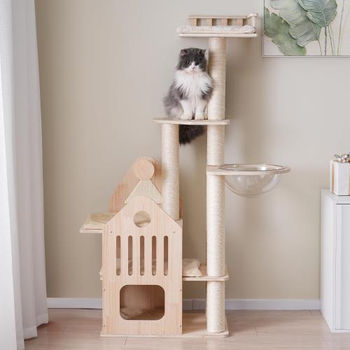 BTM キャットタワー 木製 猫タワー ネコタワー 多頭飼い 大型 高さ155cm 隠れ家 宇宙船 爪とぎポール 付き おしゃれ タワー 可愛い 運動不足解消 子猫 大型猫