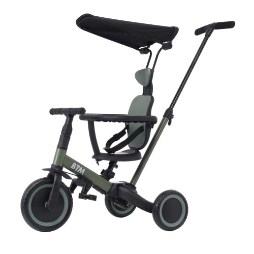 BTM 子供用三輪車 5in1 自転車 オリジナル 押し棒付き 安全バー付き キックボード カップホルダー ベル バッグ付き サンシェード付き