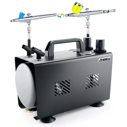 Anesty AHPTrunk 2in1 エアブラシ コンプレッサー 2口独立圧力レギュレーター 静音 タンク付き ワンタッチ色替え セット 模型・プラモデル塗装用
