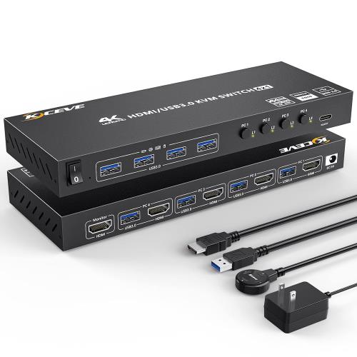 HDMI KVM切替器 4ポート、4入力1出力 PC切替器 4K@60Hz、4つUSB3.0ハブ備えたKVM HDMI 4ポートスイッチャー、EDID管理、ワイヤレスキーボード、マウスサポート