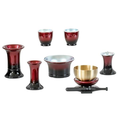 仏具 7点セット 「さざなみ」6具足＋おりんセット 3寸 モダン仏具 仏壇 花立て 香炉 燭台 火立て 仏器 茶器 線香立て (ワインボカシ)