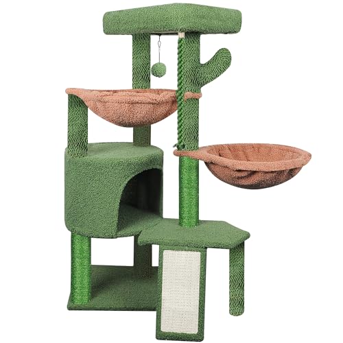 TWDEPART キャットタワー 猫タワー 麻紐 安定 猫ハウス 爪とぎ 省スペース 据え置き 隠れ家 ハンモック おもちゃつき 95CM高さ (グリーン)