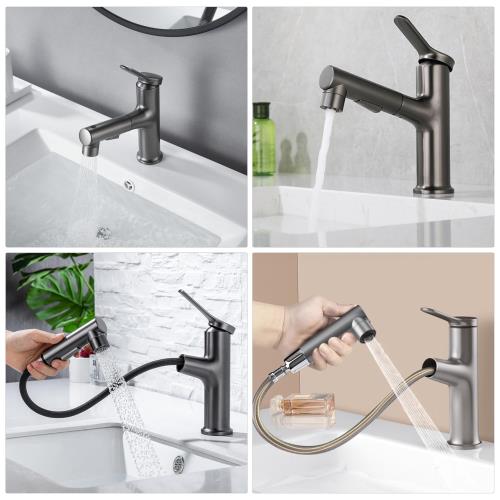 洗面蛇口 洗面水栓 ホース引出し式 吐水切替 シャワー 首振り 混合 蛇口 金具 交換 キッチン シャワーヘッド シングルレバー 洗面台用 洗面所も化粧台も 台所用品 洗面水栓