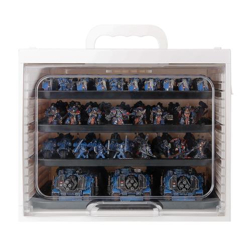 Jucoci ミニチュア収納ケース 4段トレイ付き WH40k / AOS/DD用 フィギュア収納ボックス 白色 持ち運び便利 透明アクリルドア付き ディスプレイケース