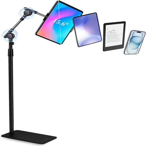 SHUWEI タブレットスタンド 床置き 独自開発の自動ロック装置 高さと角度自由調整 最高160cm アルミ合金折りたたみアーム 360度回転 本体重量3.4kg 耐荷重5kg 4.7-15.6インチのスマホ/タブレット/モバイルモニタ対応 ソファーサイドとベッドサイド 寝ながら用 動画配信 モデル