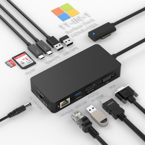 新しいマイクロソフトSurfaceドック 4K@60HZ HDMI+VGA+イーサネット+USB-C/USB-A+SD/TF 11 in 1 Surfaceドッキングステーション用60W電源付き Surface Pro 10/9/8/X/7/6/5/4/3 Surface Laptop 6/5/4/3/2/1 Surface Laptop go Surface Book