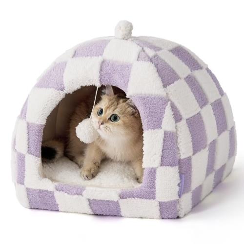 Lesure 猫 ベッド 猫ハウス ペットベッド ドーム ベッド+ハウス一体化 2way 折りたたみ可能 クッション付き 暖かい ふわふわ 滑り止め かわいい 洗濯機対応 犬猫兼用 小動物用 バーブル M 40*40*40cm