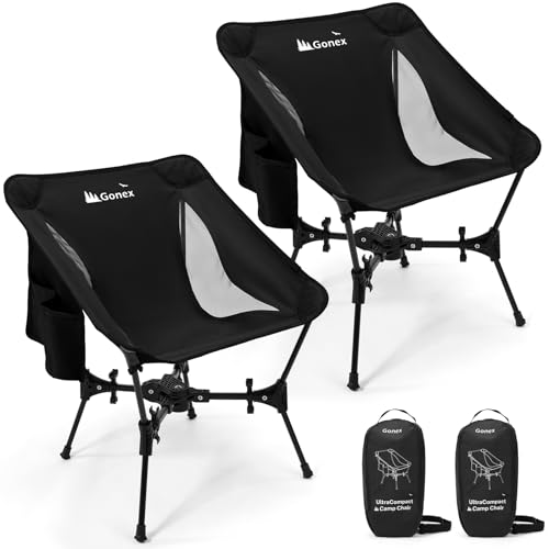 Gonex アウトドアチェア コンパクトな収納 [20 秒迅速なインストール] キャンプチェア 1500g 超軽量 耐荷重 150kg 折りたたみ式 より安定 ハイキング 釣り 登山 ドリンクホルダーと収納袋付き 黒-2 個セット