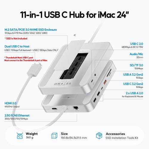 PULWTOP 11 in 1 USB C ハブ iMac 24インチ 2021 2023 2024用 iMac M1 M3 M4 アクセサリー USB Hub ハブ HDMI 4K, 2.5G イーサネット, M.2 SSD拡張 (SSD含まない), USB-C/A 3.2, USBC 2.0 7.5W出力, 2 x USB A 2.0, SD/TF, 3.5mmジャック (シルバー)_1