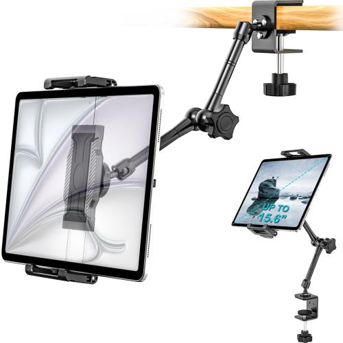 Dosvsi キッチン タブレットスタンド クランプマウント ipadホルダー360°自由調整・アルミ合金素材・大型タブレットにも対応キッチンの棚 吊り戸棚 テーブル デスク用 タブレット ホルダー 安定性 クリップ式 延長アーム 取付け簡単 厚いケースにも対応 6.1?15.6インチデバイ