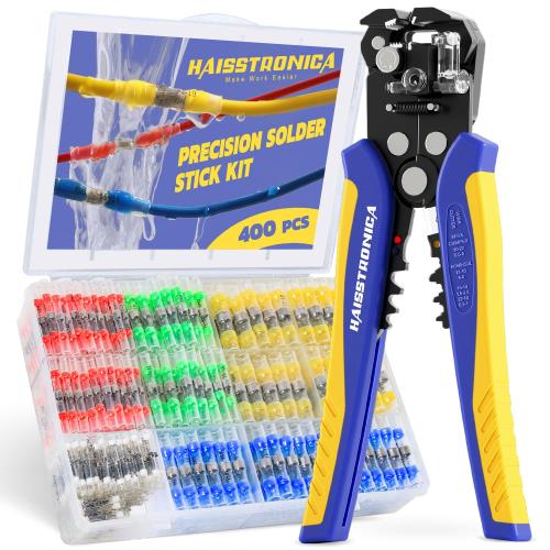 haisstronica 400個入り はんだシールワイヤーコネクタキット 10-24AWG 自動調整式ワイヤーストリッパーツール付き 防水熱収縮バット端子 車、船舶、トレーラー、DIY配線プロジェクト用