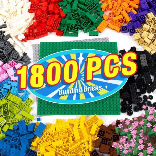 ブロック 1800ピース 互換性 基礎板×2付き 基本ブロックセット クラシック 14色 18形状 おもちゃ (1800ピース)