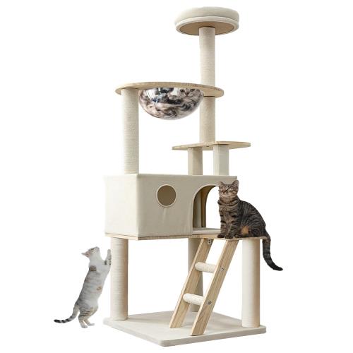 宇宙船付き多階層木製キャットタワー 新素材 毛抜け無し, 広々とした隠れ家, トップパーチ, 全面カバー爪とぎポスト, 室内猫用マルチキャットタワー, 室内 人気 運動不足解消 ミニタワー(wood)