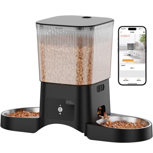 HoneyGuaridan自動給餌器 猫用 2匹用 デュアルボウル設計 公平給餌 アプリ遠隔操作 2.4G/5G Wi-Fi接続対応 スケジュール自動給餌設定 1日6回・24食分まで デュアル電源システム 音声呼び出し機能 簡単洗浄・取り外し 日本語説明書付属 ブラック