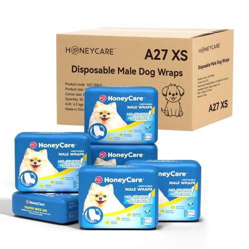 HONEYCARE ハニーケア 犬 おむつ 男の子用マナーおむつ おしっこ用 50枚 6袋入り ペット用 高吸収性 柄付きケース販売 (XS 胴回り：15-33cm)