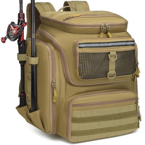 ロッドホルダー付き釣りバックパック - 45L 大型防水フィッシングバッグ、アウトドアキャンプ・ハイキング用装備向け（バッグ本体のみ）イエローブラウン