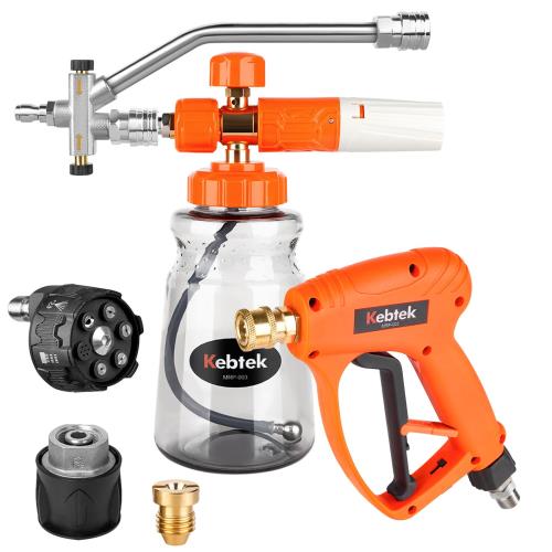 水洗車と泡洗車をワンタッチで切り替えるデュアルコネクター付き・ねじれ防止Kebtek 高圧洗浄機 ショートガン(Karcher対応) スイベル付き 常開機能付き 6in1 フォームガン 泡濃度調整可能 ケルヒャー ショートガン Kシリーズのクイックホース対応 ノズル ダブルコネクター 1本