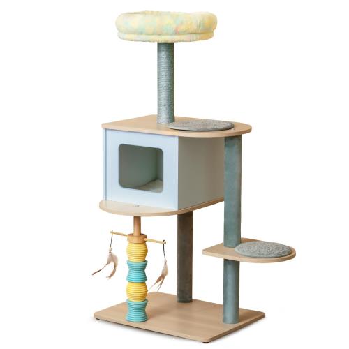Pawalaya 高級木製猫 タワー 125cm 3段 大型 設計 耐荷重15kg｜サイザル爪とぎ+ハンモック+ボールおもちゃ付き｜猫の快適空間 室内用