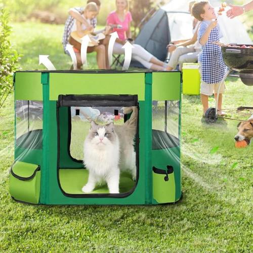 Floving 長方形 ペットサークル 折りたたみ 猫 犬 ケージ 組立簡単 キャリーバッグ付き ペットハウス サークル 軽量 コンパクト 防災ペットケージ 屋内 屋外 猫の分娩室 メッシュサークル(Ｍ(80*60*55cm), グリーン)_4