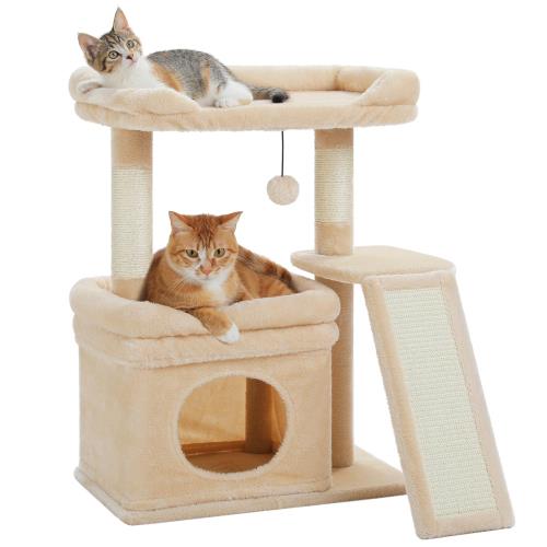 PAWZ Road キャットタワー ミニ 猫タワー 低い 猫ハウス 猫 爪研ぎ タワー シニア猫 高齢猫 ペット おしゃれ スリム 可愛い 猫 ベッド 短足 マンチカン 階段 登りやすい ジャンプの苦手な猫ちゃん 人気 据え置き 省スペース 組立簡単 安定 - 高さ65cm ベージュ