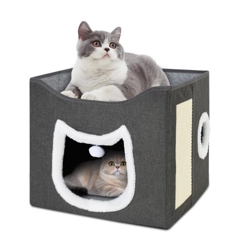 Pawnax 猫ハウス 猫小屋 二層 室内 キャットハウス ペット用寝袋 ふわふわ 寒さ対策 猫の家 折りたたみ猫ハウス 厚み 暖かい 猫ベッド 洗える 犬猫兼用 夏冬兼用 保温防寒 ペット用品 グレー（M,40x40x36cm）