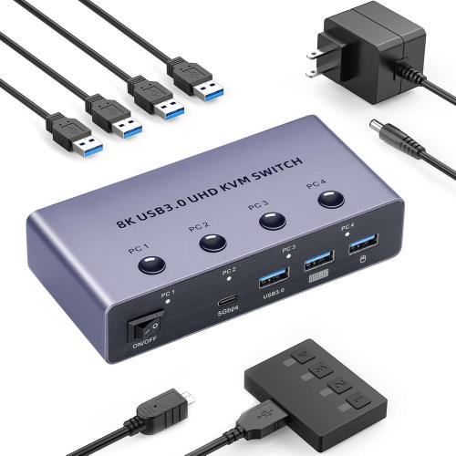 BLUPOW 8K@60Hz KVMスイッチ 4入力1出力 USBキーボード・マウス・モニターを共有 HDMI パソコン切替器(PC４台用) 4K@120hz HDCP2.3対応 手元スイッチ/USBケーブル付き VA580N