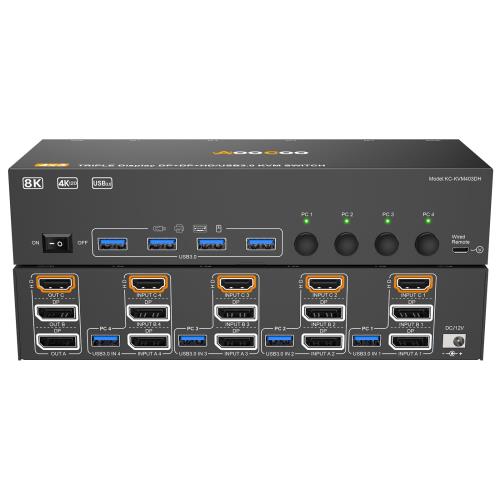 8K KVM切替器 4PC 3モニター、ミラー/拡張モード HDMI + DPポート (8K