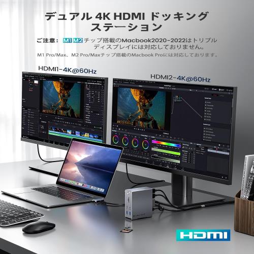 Macbook Pro/Air専用 14-IN-2 ドッキングステーション Type c Dock 3画面モード トリプルディスプレイ対応 MST機能 4K＠60Hz HDMIポート 100W出力 10Gbps USB-Aポート USB-Cポート USB3.2 Gen2対応 1Gbps イーサネットポート 3.5mm オーディオジャック microSD＆SDカード スロ_2
