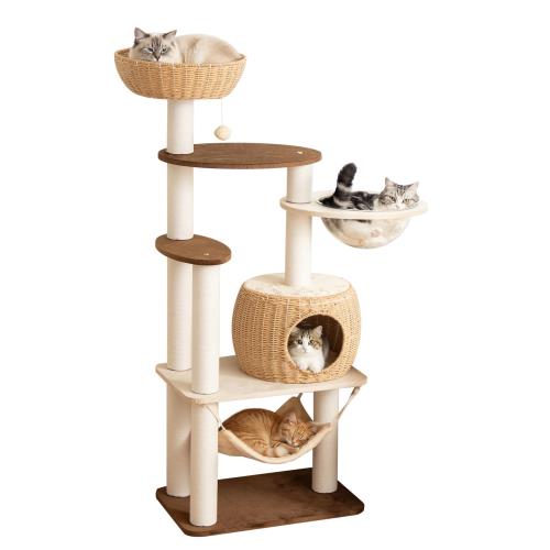 PETTIFUL キャットタワー 据え置き 木製に生地張り 大型猫 シニア猫 成猫 子猫 高さ144cm おしゃれ ベルベット張り 手編みカゴ インテリア性 ラタン風 多頭飼い 猫ハウ